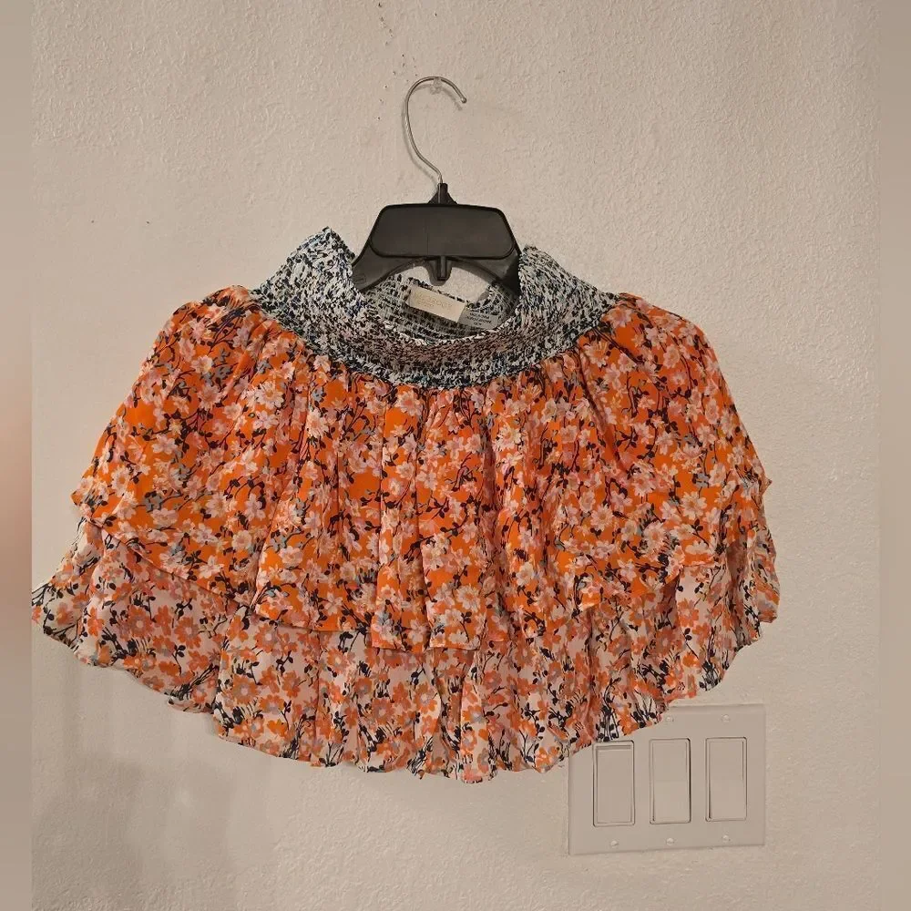 Ramy Brook Printed Annabelle Orange Floral Mini Skirt 100% Silk Size XS